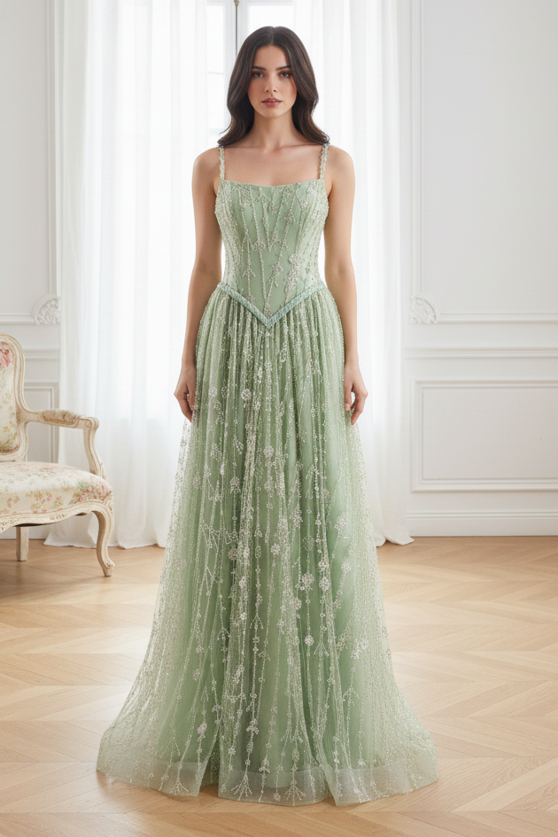 Bateau Spaghetti Straps A-Line Beaded Party Prom Dress