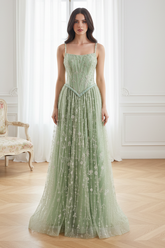 Bateau Spaghetti Straps A-Line Beaded Party Prom Dress