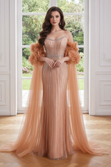 Bateau Strapless Tulle Beaded Party Prom Dress With Detachable Sleeves