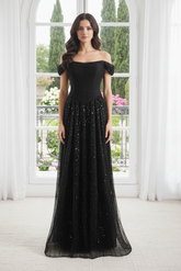 Black Bateau Off-Shoulder Two Tone A-Line Party Prom Dress