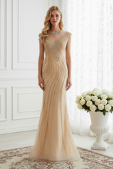 Cap Sleeves High Neck Tulle Mermaid Prom Dress With Beaded Appliques