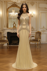 Chic High Neck Sleeveless Mermaid Beaded Party Prom Dress