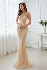 Elegant Champagne Round Sleeveless Beaded Mermaid Prom Dress