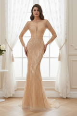 Fully Jewel Decoration Round Long Sleeves Mermaid Prom Dress