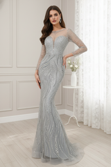 Fully Jewel Decoration Round Long Sleeves Mermaid Prom Dress