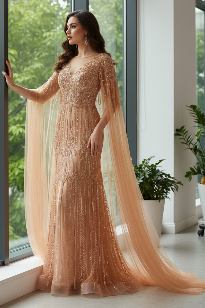 Round Long Sleeves Tulle Beaded A-Line Party Prom Dress