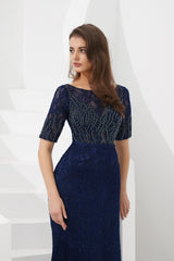 Scoop Short Sleeves Beaded Lace Party Prom Dress