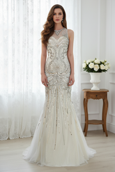 Sparkly Beaded Empire Round Sleeveless Mermaid Prom Dress