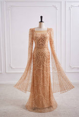 Sparkly Square Long Sleeves Fully Sequin And Beaded Mermaid Prom Dress