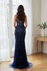 Sparkly V-Neck Sleeveless Fully Beaded Floor- Length Mermaid Prom Dress