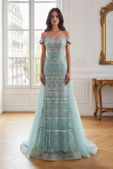 Sweetheart Off-Shoulder Beaded Mermaid Party Prom Dress With Train