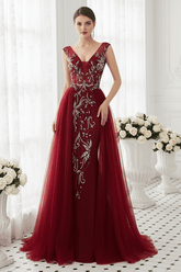 V-Neck Backless Beaded Appliques Formal Prom Dress With Train
