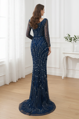 V-Neck Long Sleeves Mermaid Prom Dress With Beaded And Sequins