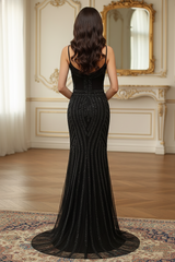 V-Neck Spaghetti Straps Beaded Appliques Sparkly Mermaid Party Prom Dress