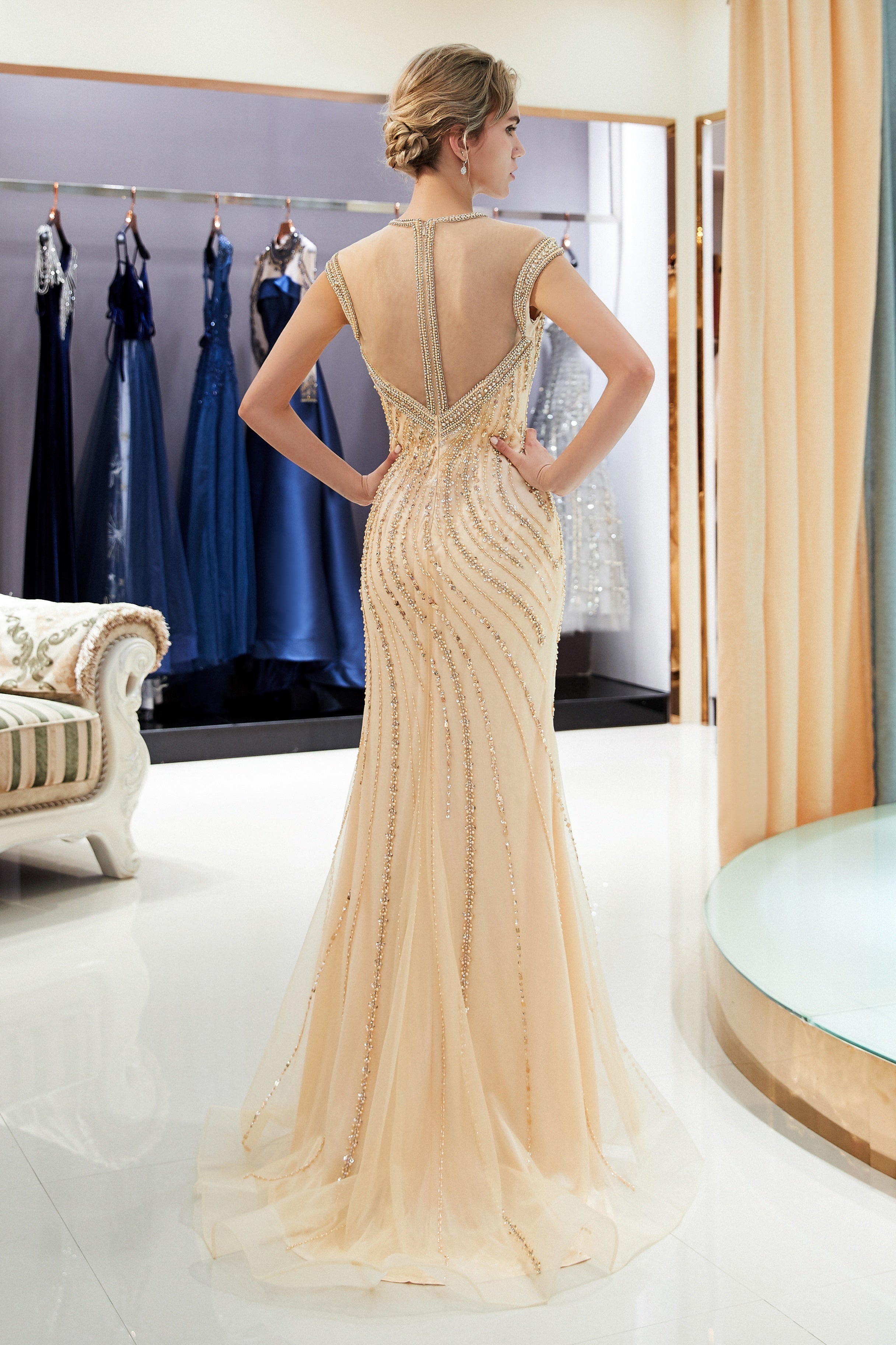 Cap Sleeves High Neck Tulle Mermaid Prom Dress With Beaded Appliques