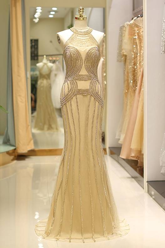 Chic High Neck Sleeveless Mermaid Beaded Party Prom Dress