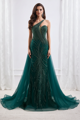 Elegant Asymmetrical Blouson Empire Beaded Prom Dress With Train