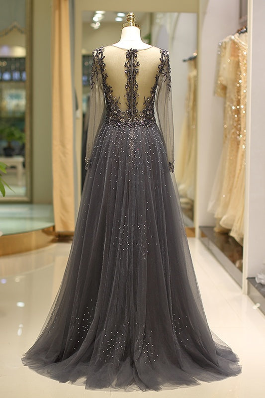 Low V-Neck Long Sleeves Illusion Back Formal Beaded Prom Gown 