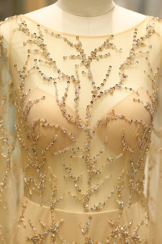Scoop Long Sleeves Backless A-Line Beaded Sheer Prom Gown