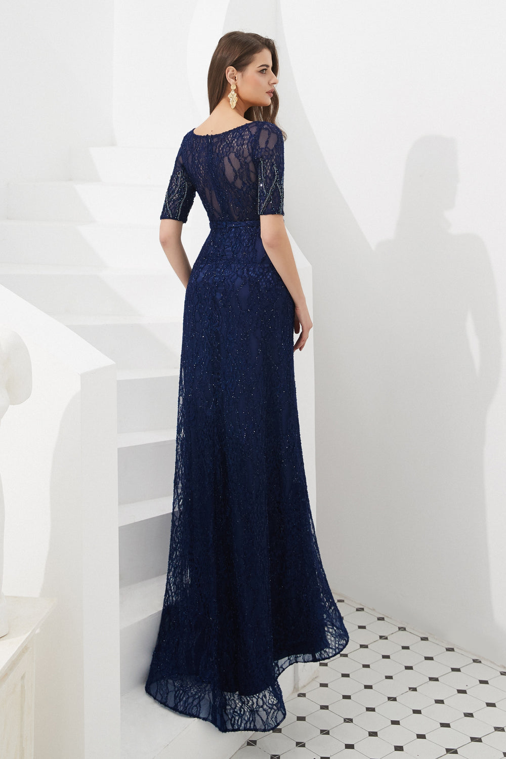 Scoop Short Sleeves Beaded Lace Party Prom Dress
