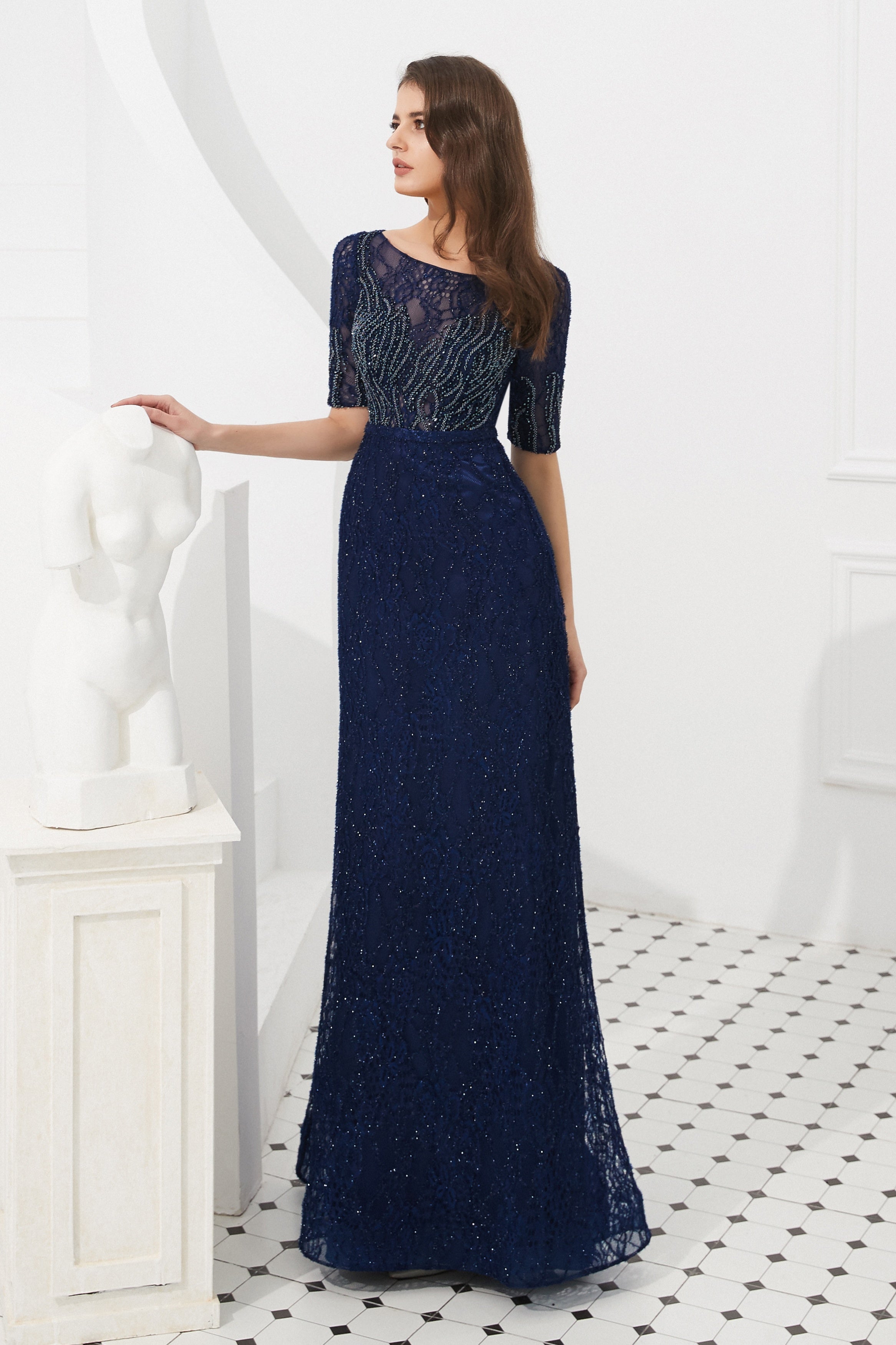 Scoop Short Sleeves Beaded Lace Party Prom Dress