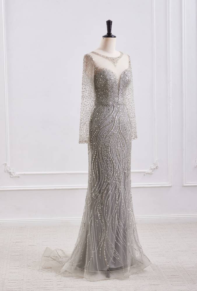 High Neck Long Sleeves Fully Beaded Mermaid Party Prom Dress
