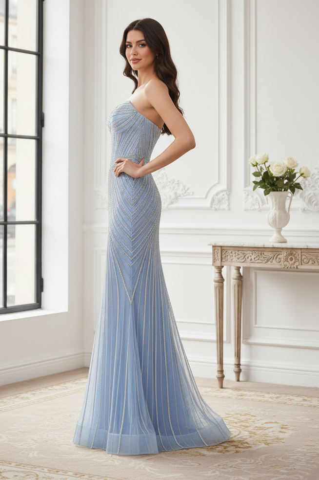 Sparkly Mermaid Empire Long Party Prom Dress With Detachable Shawl 