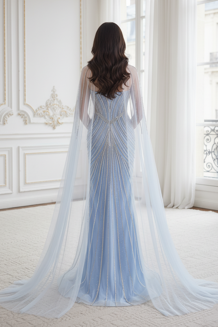 Sparkly Mermaid Empire Long Party Prom Dress With Detachable Shawl 