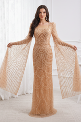 Sparkly Square Long Sleeves Fully Sequin And Beaded Mermaid Prom Dress 