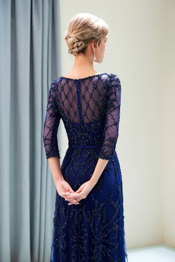 Special A-Line Scoop Quarter Sleeves Bead Embroidery Prom Dress