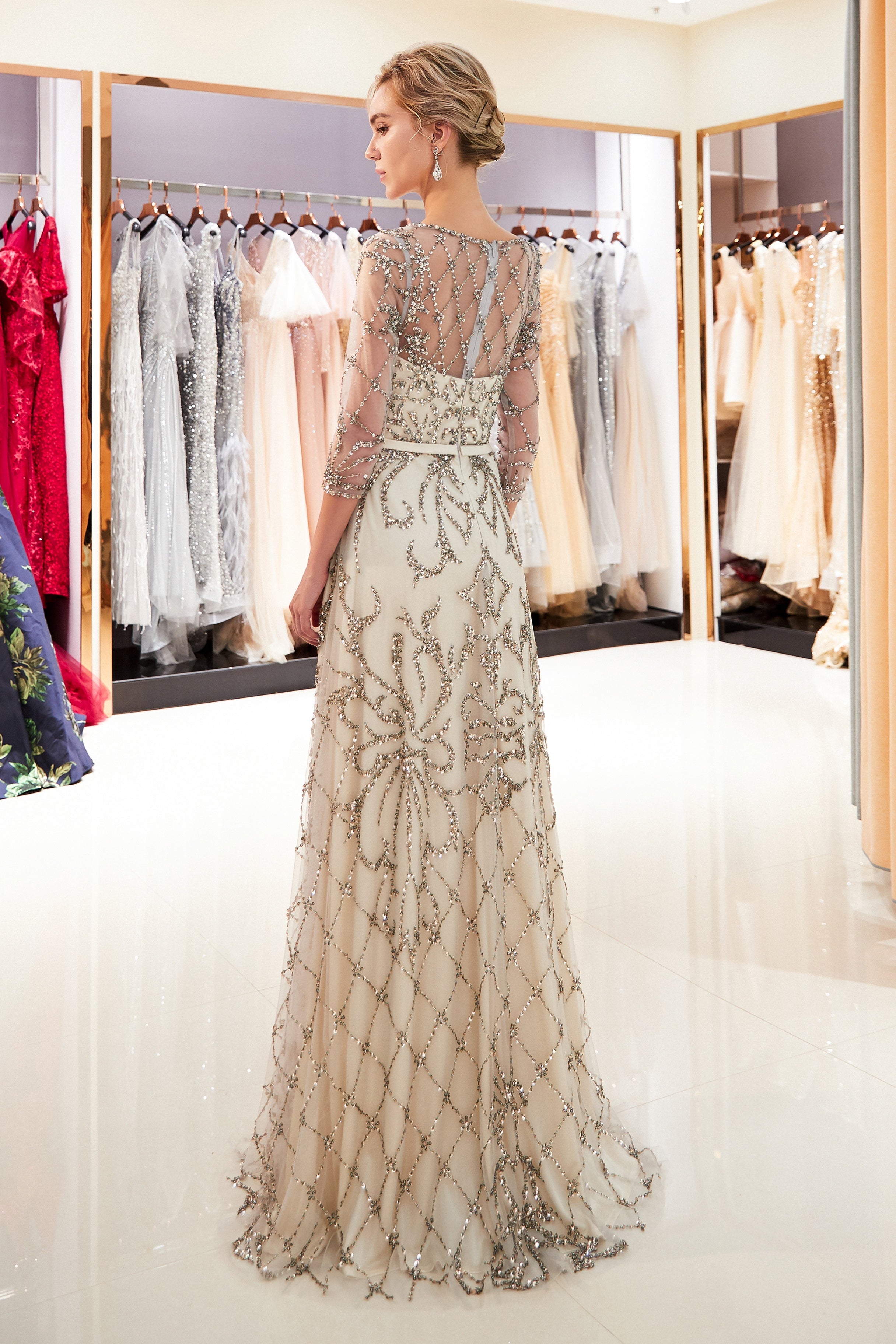 Special A-Line Scoop Quarter Sleeves Bead Embroidery Prom Dress