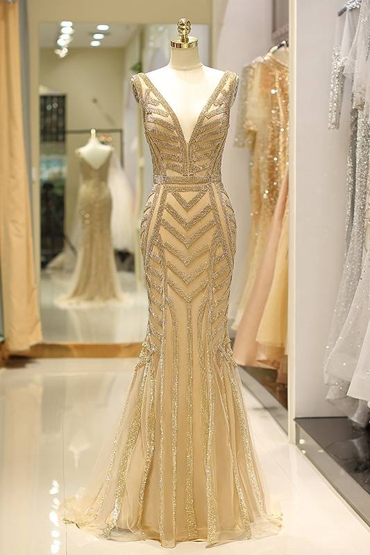 V-Neck Sleeveless Empire Beaded Mermaid Tulle Party Prom Dress