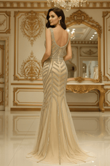 V-Neck Sleeveless Empire Beaded Mermaid Tulle Party Prom Dress