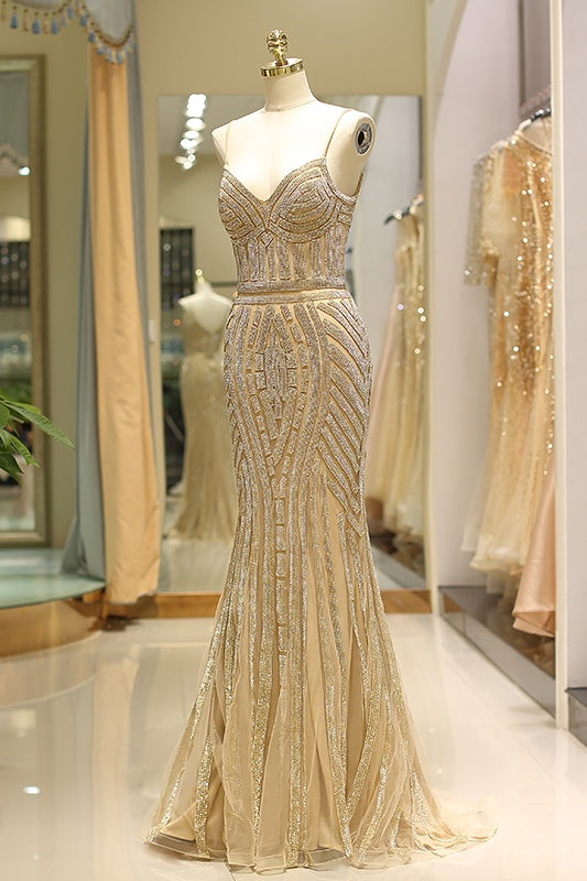 V-Neck Spaghetti Straps Beaded Appliques Sparkly Mermaid Party Prom Dress